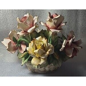 VERY RARE Vintage Capodimonte Made in Italy Large Flower Basket W/ Metal Flowers
